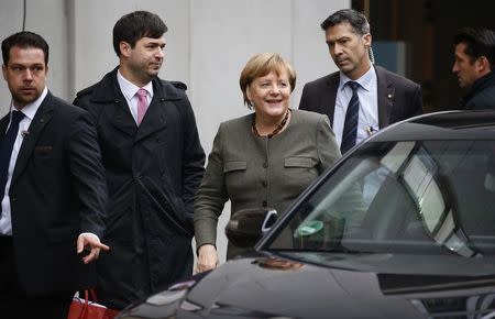 German Chancellor Angela Merkel arrives for exploratory talks at the German Parliamentary Society about forming a new coalition government in Berlin, Germany, November 16, 2017. REUTERS/Axel Schmidt