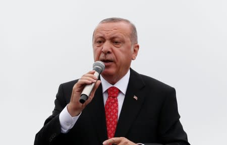 Turkish President Erdogan addresses his supporters during a ceremony in Istanbul