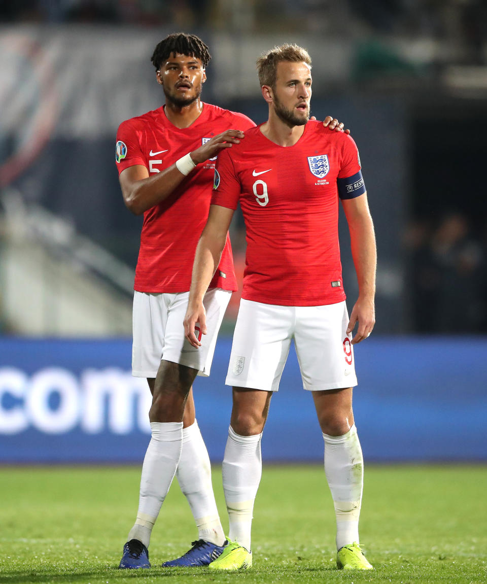 England's Tyrone Mings (left) and Harry Kane (right) during the UEFA Euro 2020 Qualifying match at the Vasil Levski National Stadium, Sofia, Bulgaria. (Photo by Nick Potts/PA Images via Getty Images)