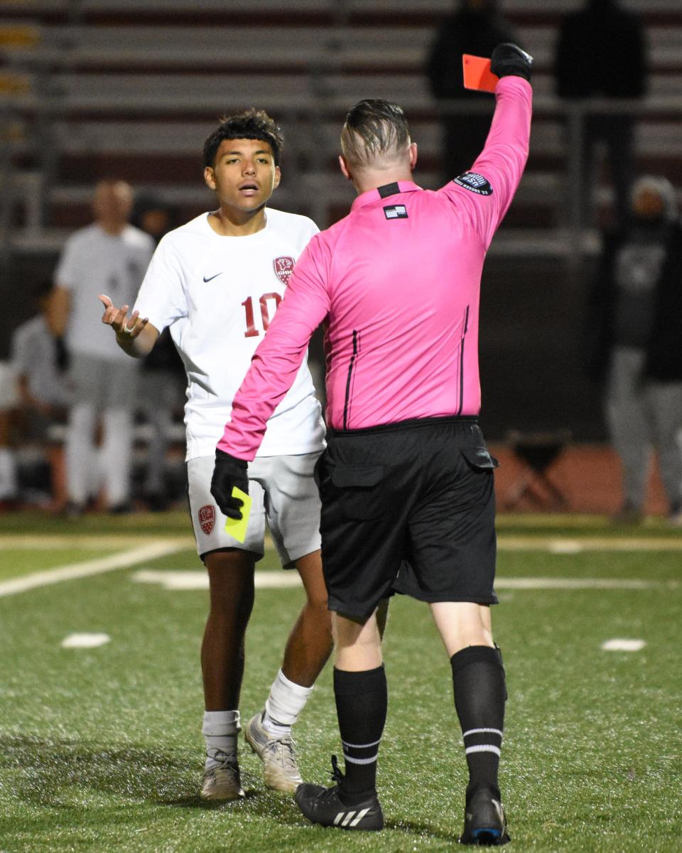 Granite Hills' Erick Valdovinos reacts after a teammate is given a red card during the second half against Adelanto on Tuesday, Jan. 23, 2024, at Julian Weaver Stadium in Adelanto. Adelanto and Granite Hills played to a 1-1 draw in the Desert Sky League showdown.