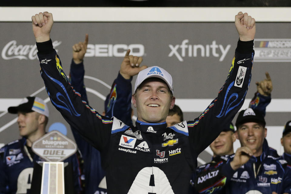 William Byron celebrates after winning the second of the two NASCAR Daytona 500 qualifying auto races at Daytona International Speedway, Thursday, Feb. 13, 2020, in Daytona Beach, Fla. (AP Photo/Terry Renna)