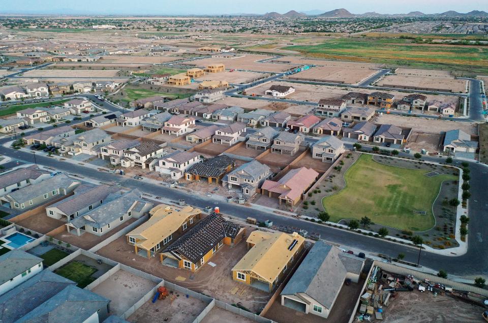 An aerial view of new home construction at a Queen Creek housing development on June 9, 2023. The Phoenix suburb is one of the fastest growing communities in Arizona and is heavily reliant on groundwater for its water supply.