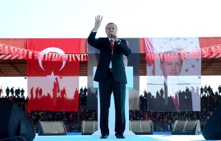 Turkish President Tayyip Erdogan makes his speech during a ceremony to mark the 101st anniversary of Battle of Canakkale, as part of the WWI Gallipoli campaign, in Canakkale, Turkey March 18, 2016, in this handout photo provided by the Presidential Palace. REUTERS/Kayhan Ozer/Presidential Palace/Handout via Reuters