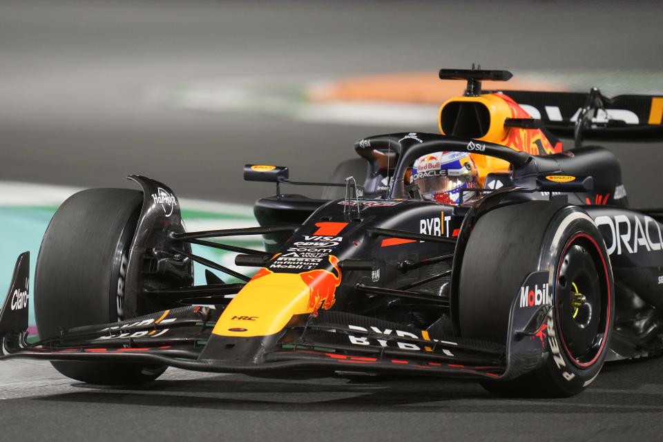 Red Bull driver Max Verstappen of the Netherlands steers his car during the Formula One Saudi Arabian Grand Prix at the Jeddah Corniche Circuit, in Jeddah, Saudi Arabia, Saturday, March 9, 2024. (AP Photo/Darko Bandic)