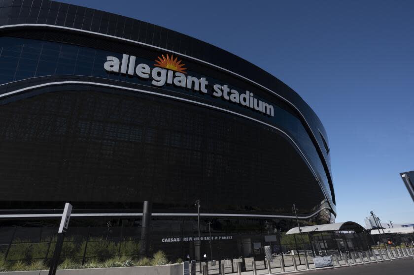 FILE - Exterior view of the Allegiant Stadium on Nov. 14, 2021, in Las Vegas. When tickets for K-pop sensation BTS' four April concerts at Allegiant Stadium went up for presale, every seat sold in less than two hours, a testament to the boy band's tremendous popularity. (AP Photo/John McCoy, File)