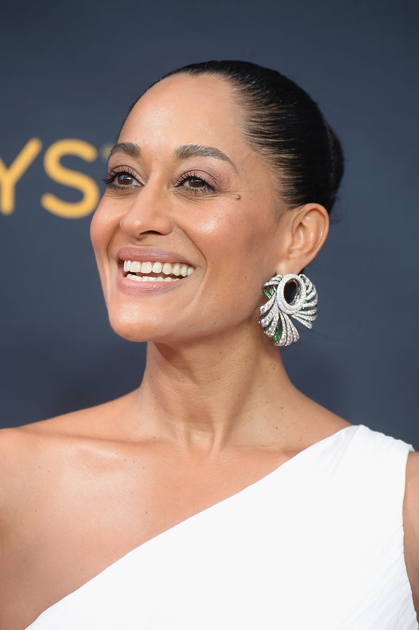<p><b>Tracee Ellis Ross</b></p><p>The <i>Black-ish</i> star let her earrings and smile shine brighter with her hair pulled back. (Photo: Getty Images)<br></p>