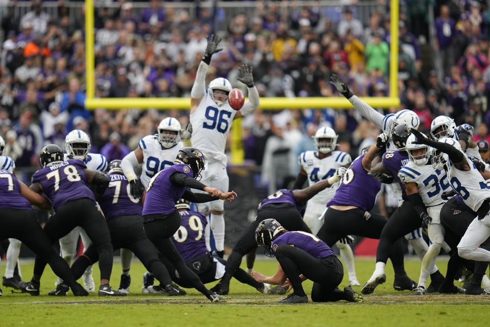 Baltimore Ravens place kicker Justin Tucker (9) misses a game winning field goal during the second half of an NFL football game against the Indianapolis Colts, Sunday, Sept. 24, 2023, in Baltimore. (AP Photo/Julio Cortez)