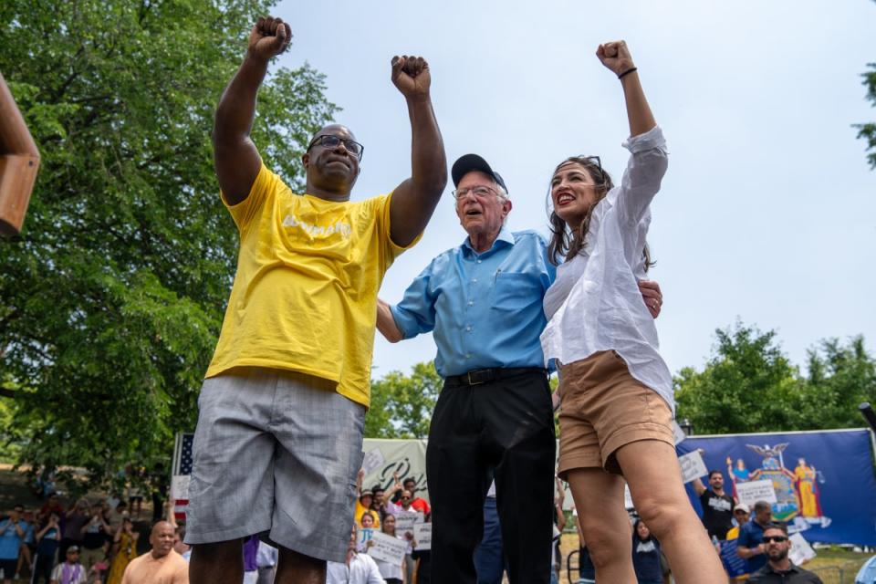 U.S. Rep. Jamaal Bowman (D-NY), U.S. Sen. Bernie Sanders (I-VT), and Rep. Alexandria Ocasio-Cortez (D-NY) attend a rally at St. Mary’s Park on June 22, 2024 in the Bronx borough of New York City. Supporters gathered three days before New York’s primary elections as incumbent Rep. Jamaal Bowman (D-NY) attempts to retain his seat in a heated primary race. ((Photo by David Dee Delgado/Getty Images))