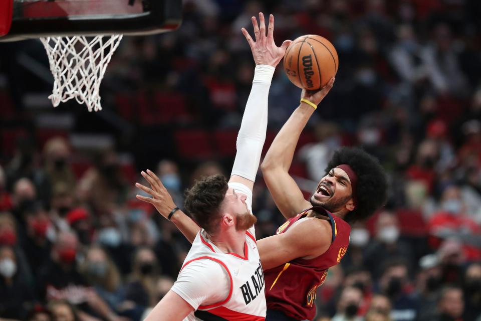 Cavaliers center Jarrett Allen, right, will play in his first NBA All-Star Game on Sunday. Allen was added to the game on Monday as an injury replacement for James Harden.