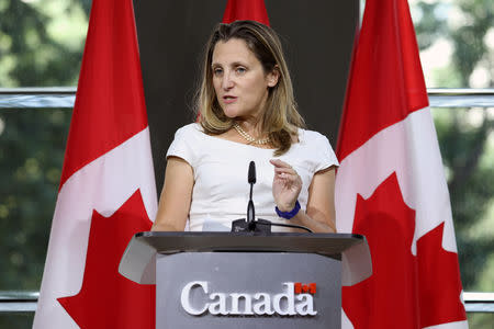 Canadian Foreign Minister Chrystia Freeland takes part in a news conference at the Embassy of Canada in Washington, U.S., August 31, 2018. REUTERS/Chris Wattie