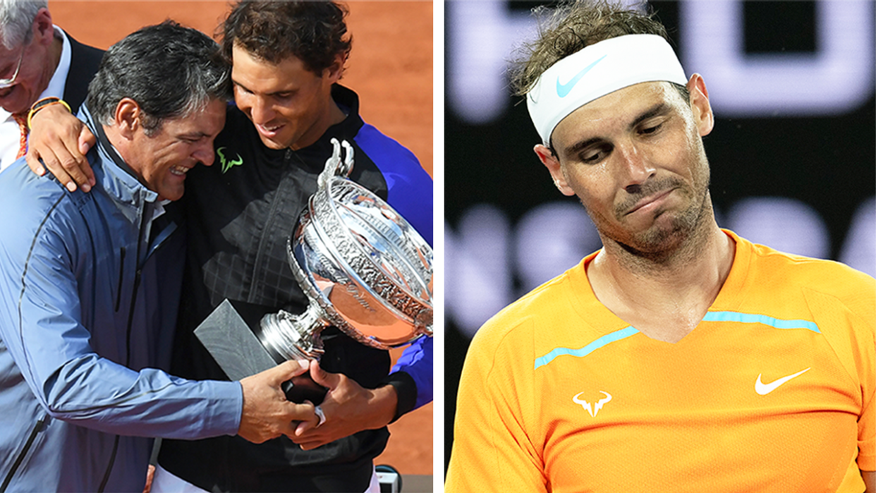 Uncle Toni Nadal (pictured left) hugging Rafa Nadal and (pictured right) Nada reacting during the Australian Open.