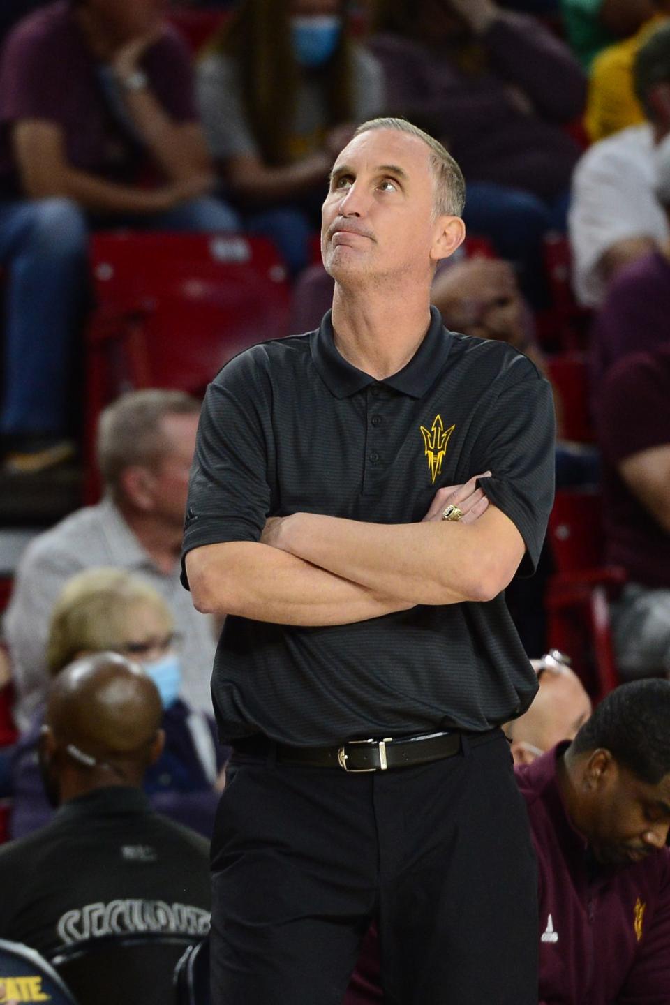 Arizona State Sun Devils head coach Bobby Hurley looks on against the UC Riverside Highlanders during the first half at Desert Financial Arena.