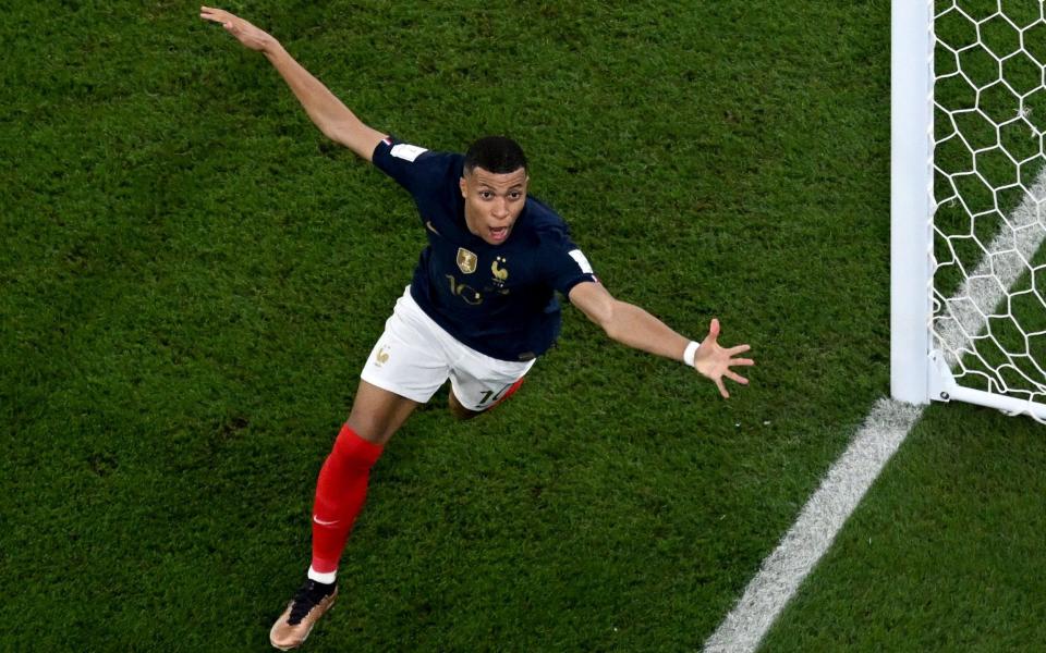 Mbappe celebrates goal against Denmark - Virtuoso display by Kylian Mbappe sends France into World Cup last 16 - FRANCOIS-XAVIER MARIT/AFP via Getty Images