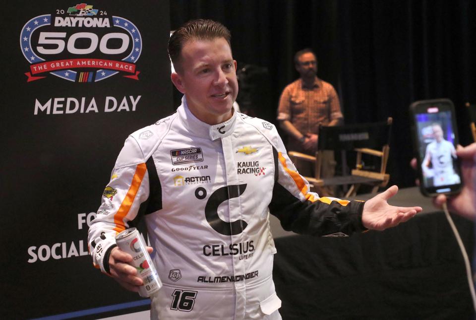 AJ Allmendinger answers questions for FOX social Media, Wednesday, February 14, 2024 during Daytona 500 Media Day at Daytona International Speedway.