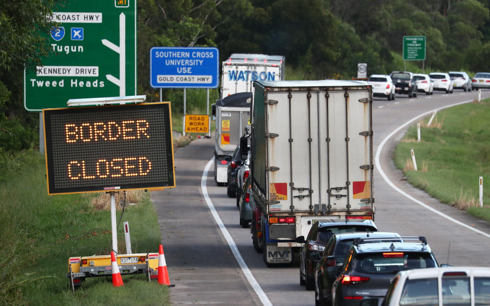 Traffic queued at Queensland's border near Tweed Heads, NSW. Source: AAP