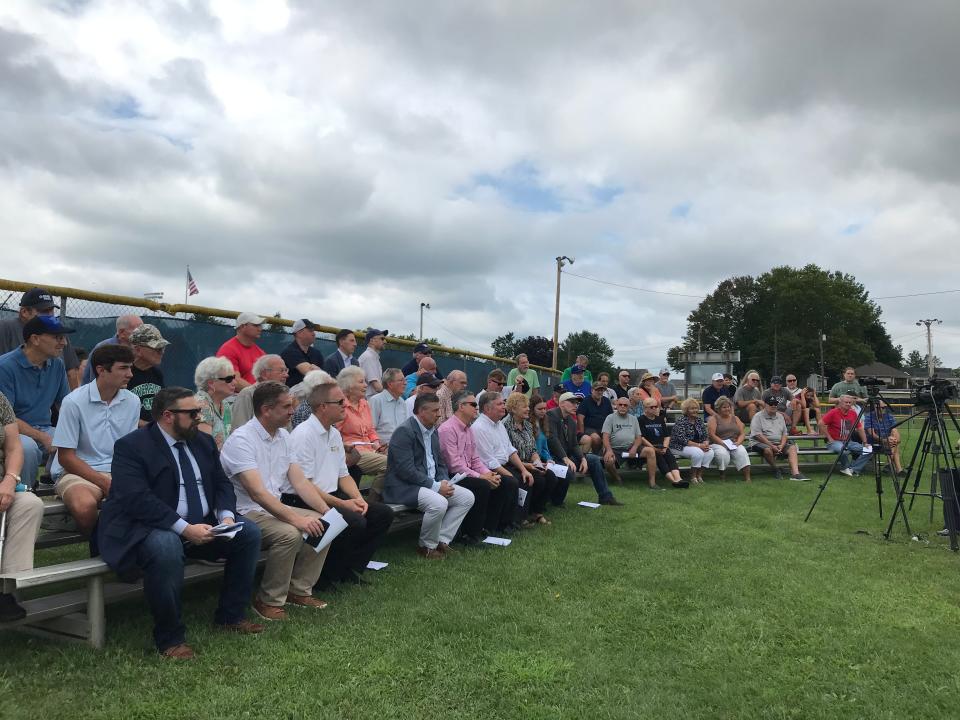 John Racanelli (front left) of the Society of Baseball Research joined guests like Ellwood City Mayor Anthony Court, Heinz History Center CEO Andy Masich and local baseball fans at a historical marker unveiling for hometown baseball star Hack Wilson (1900-1948).