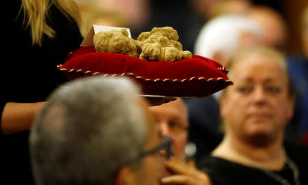 Hostess carries a set of truffles weighing 850 grams during the international auction for truffles at the Grinzane Castle in Grinzane Cavour near Alba, Italy, November 12, 2017. REUTERS/ Stefano Rellandini