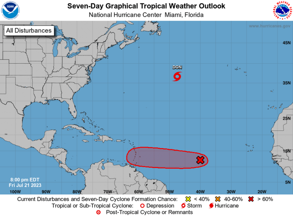 Forecast map for potential tropical depression in the central Tropical Atlantic. The low pressure area is heading in the direction of eastern Caribbean islands, according to the National Hurricane Center’s 8 p.m. Friday, July 21, 2023, advisory.