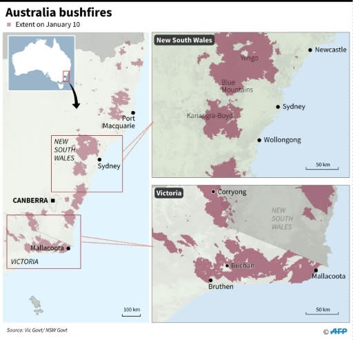 Maps showing the extent of bushfires in Australia's Victoria and New South Wales states on January 10