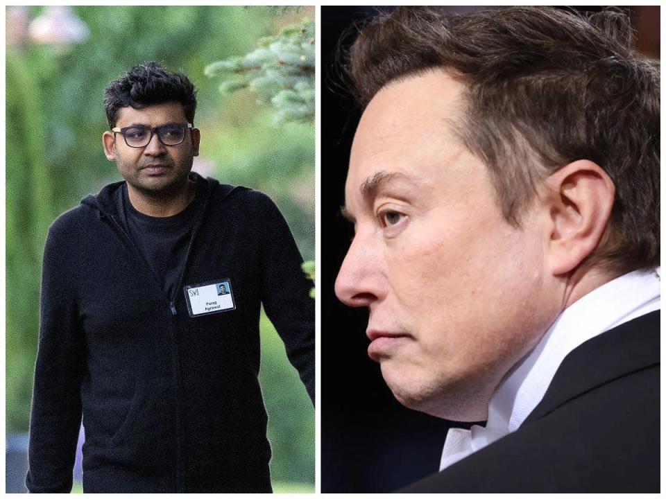 Le PDG de Twitter Parag Agrawal à gauche et le PDG de Tesla et SpaceX Elon Musk à droite