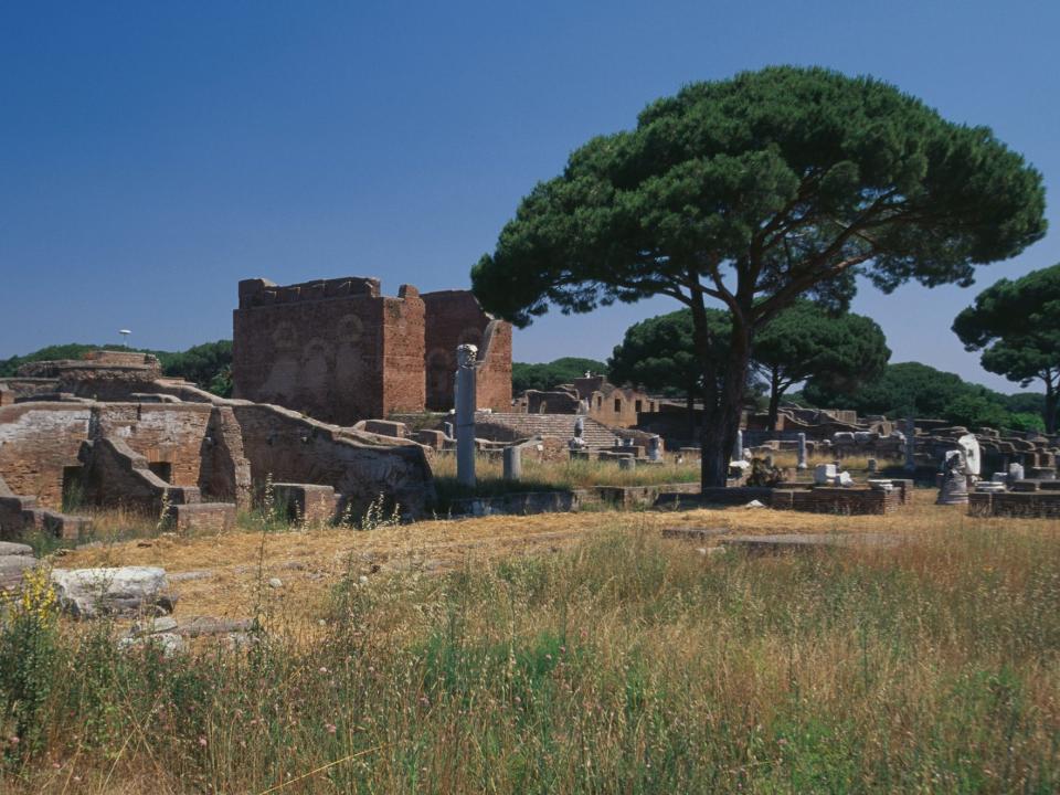 shot of the forum and surrounding area at ostia antica outside rome