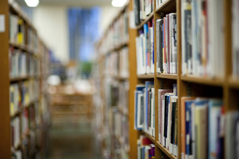 A row of library books.