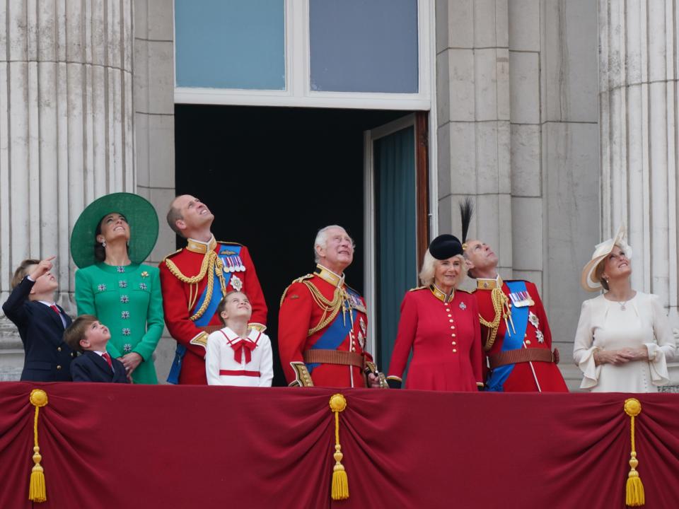 Prince George, Prince Louis, Princess Charlotte, Kate Middleton, Prince William, King Charles III, Queen Camilla, Prince Edward, and Sophie, the Duchess of Edinburgh, on the balcony of Buckingham Palace for the Trooping the Colour on June 17.