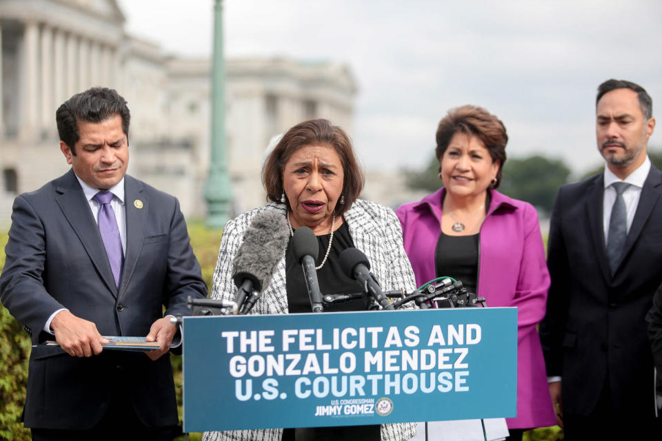 Syliva Mendez, center, speaks during a press conference (Courtesy Rep. Jimmy Gomez)