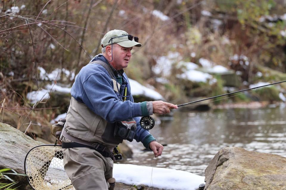 Tony Sobina has been fishing every day of the year since April 13, 2020. Here he casts his line on Sugar Creek near his home in Venango County.