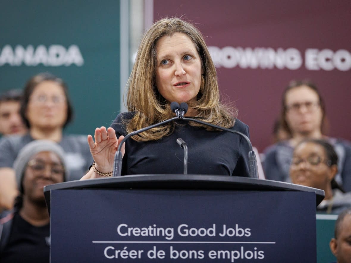 Finance Minister Chrystia Freeland speaks at the International Brotherhood of Electrical Workers training facility in Oshawa, Ont., on March 20. Freeland is expected to unveil the 2023 federal budget on Tuesday.  (Evan Mitsui/CBC - image credit)