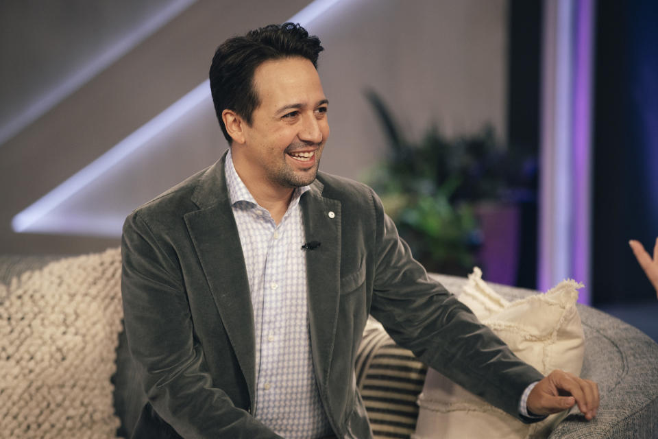 Lin-Manuel Miranda sitting as a guest on "The Kelly Clarkson Show"