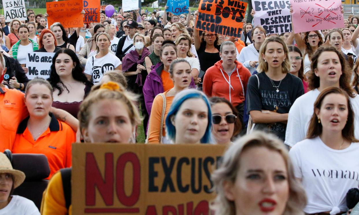 <span>Protesters are seen during a rally against gendered violence and domestic violence towards women in Newcastle in 2022.</span><span>Photograph: Darren Pateman/AAP</span>