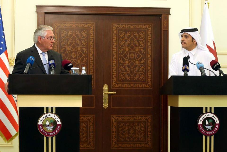 US Secretary of State Rex Tillerson and Qatari Foreign Minister Sheikh Mohammed bin Abdulrahman Al-Thani at a press conference in Doha on 11 July, 2017 (AFP/Getty)