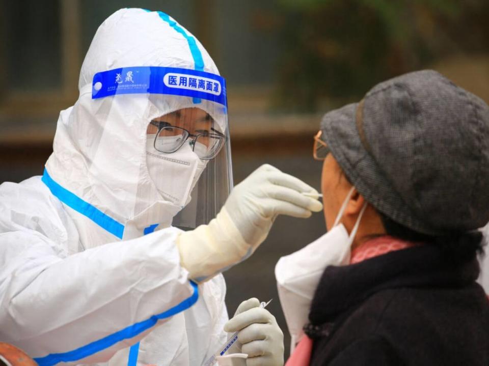 A health worker takes a swab sample from a resident to be tested for COVID-19 coronavirus in Jiayuguan, in China's northwestern Gansu province on November 24, 2022.  (AFP/Getty Images - image credit)