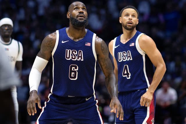 <p>Tim Clayton/Corbis via Getty</p> LeBron James #6 of the United States and Stephen Curry #4 of the United States during the USA V South Sudan, USA basketball showcase in preparation for the Paris Olympic Games at The O2 Arena on July 20th, 2024, in London, England