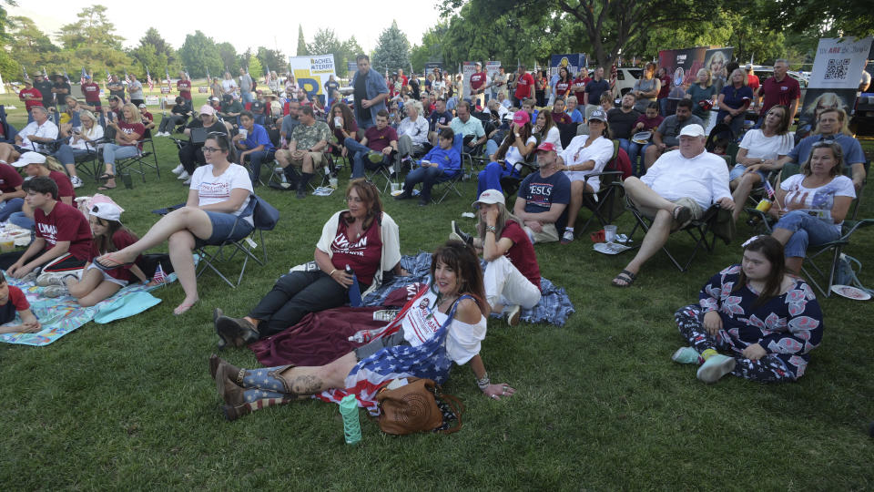 Republican voters attend a rally for Trump-backed U.S. Senate candidate Trent Staggs and others on June 14, 2024, in Orem, Utah. Tuesday's primary election will determine if the state wants another moderate conservative like Romney or a farther-right candidate more willing to fall in line with former President Donald Trump. (AP Photo/Rick Bowmer)