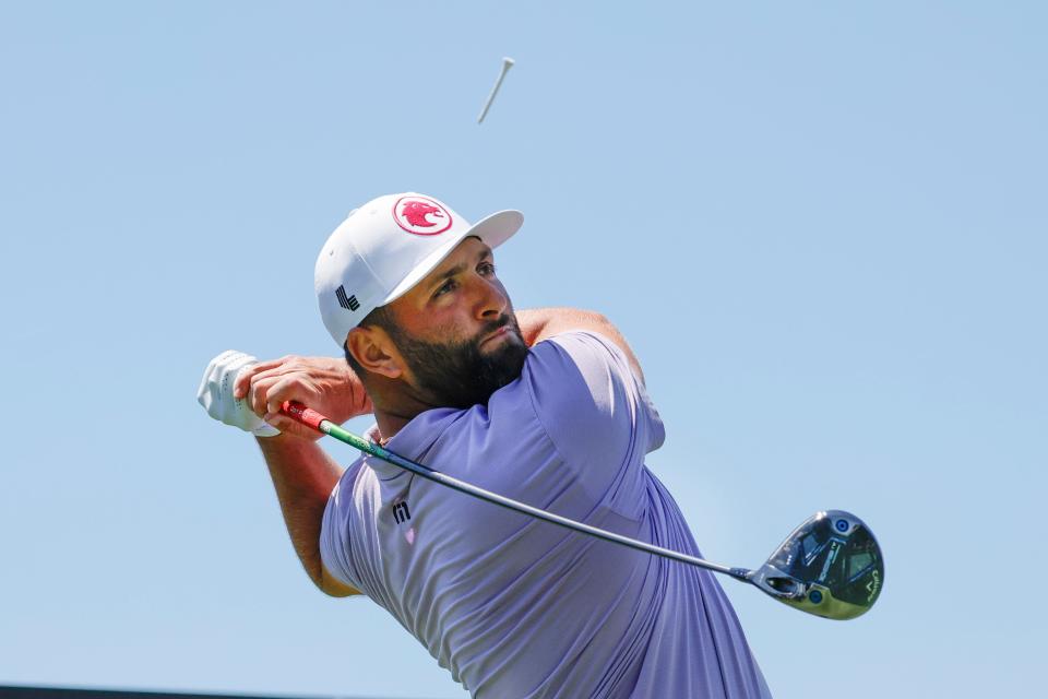 Jon Rahm of Legion XIII plays his shot from the fifth tee during the second round of LIV Golf Miami golf tournament at Trump National Doral.