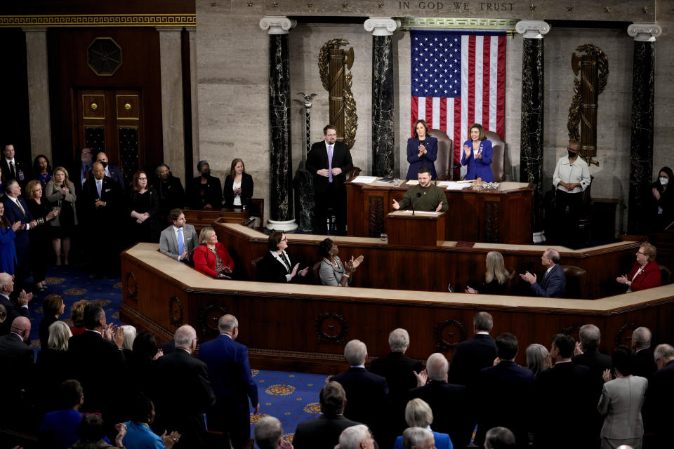 Ukrainian President Volodymyr Zelenskyy addresses a joint meeting of Congress on Capitol Hill in Washington, Wednesday, Dec. 21, 2022. (AP Photo/Carolyn Kaster)