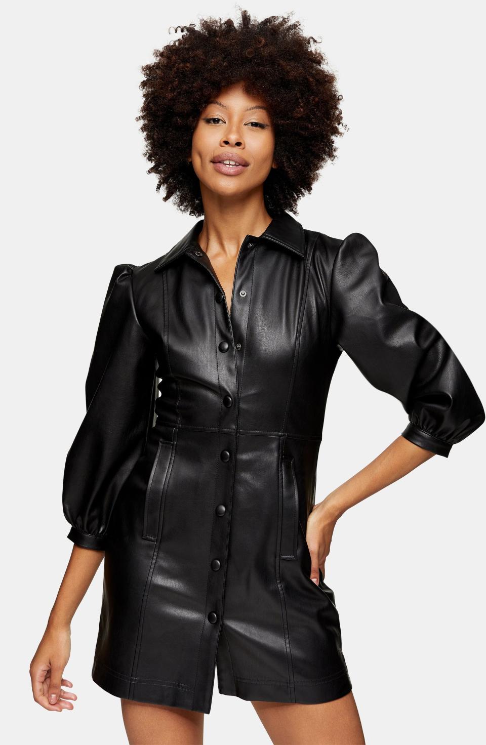 Long Sleeve Faux Leather Shirtdress