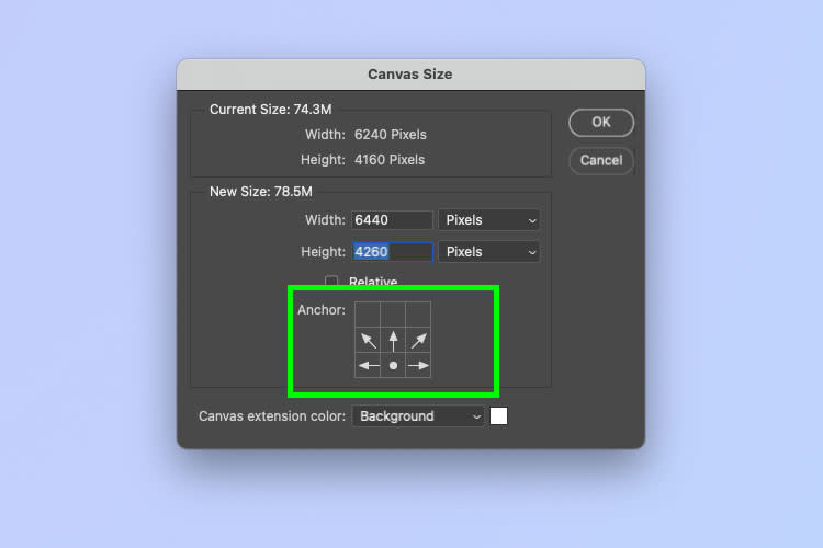 A screenshot showing how to change canvas size in Photoshop