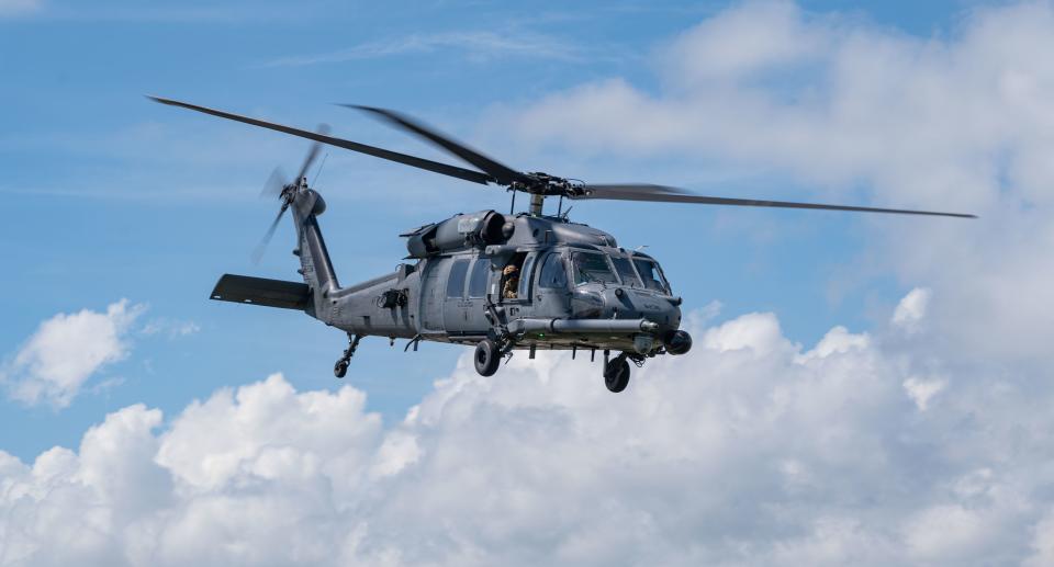 An HH-60G Pave Hawk helicopter departs Patrick Space Force Base on Monday in preparation for the arrival of Hurricane Ian. The decision was made to relocate the aircraft to areas that would prevent them from being damaged.