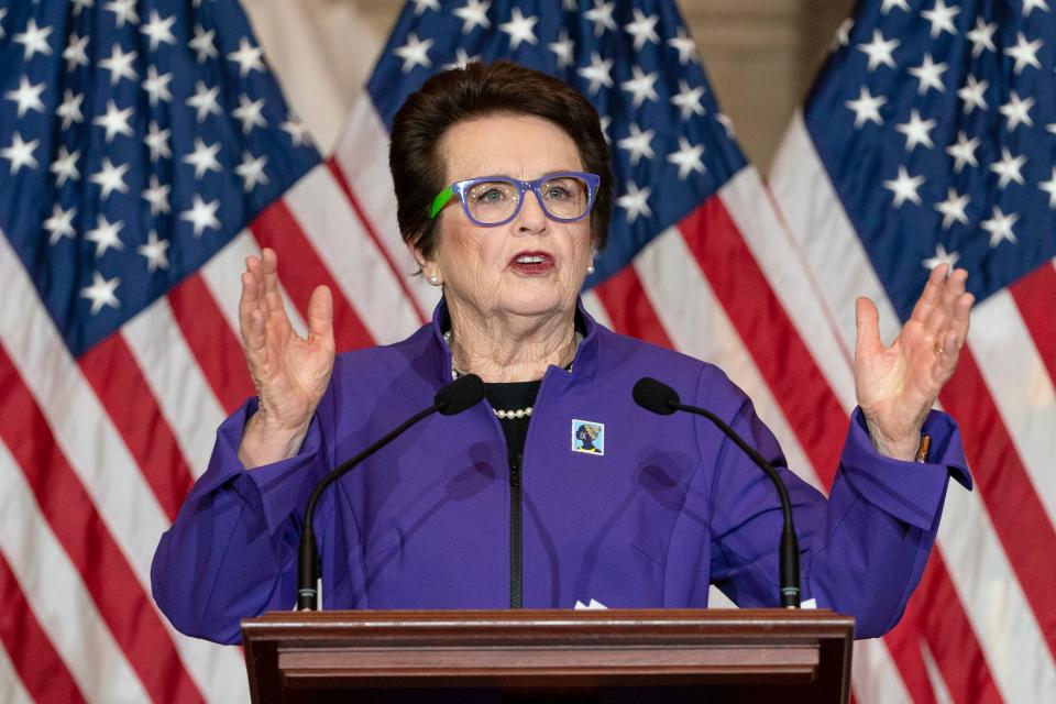 Billie Jean King speaks at a Women's History Month event honoring women athletes in celebration of the 50th Anniversary of Title IX, Wednesday, March 9, 2022, on Capitol Hill in Washington. Billie Jean King, Lindsey Vonn, Michelle Kwan, Mia Hamm and the late Pat Summitt are among the nine individual women was inducted into the U.S. Olympic and Paralympic Hall of Fame in 2023.