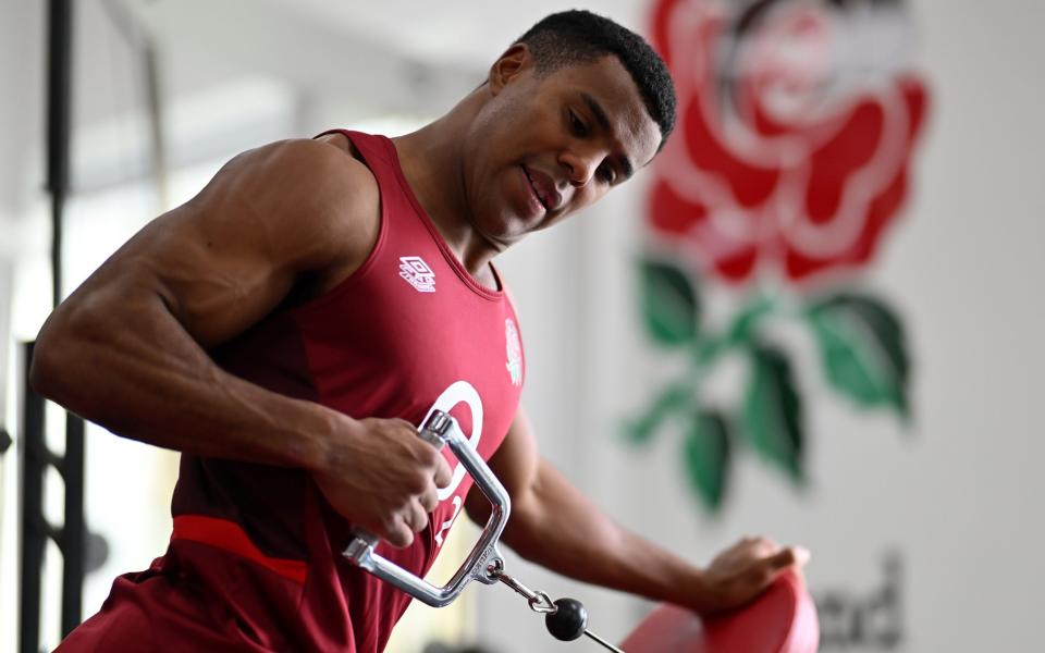 Immanuel Feyi-Waboso of England trains in the gym at Pennyhill Park in Bagshot, England on March 4, 2024