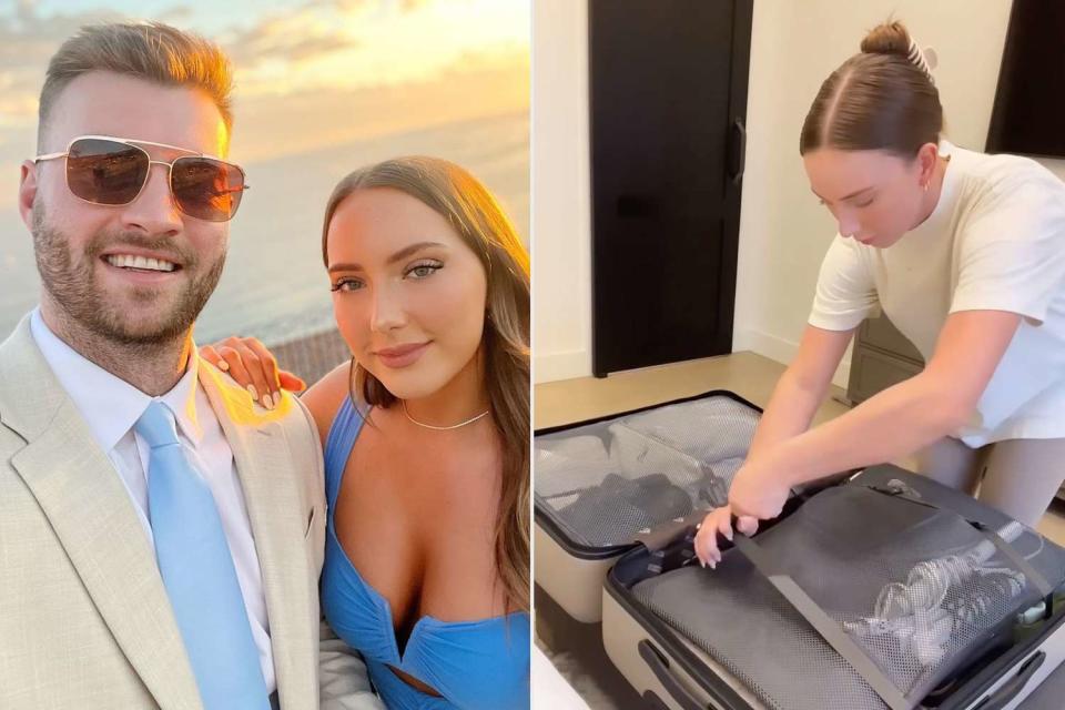 <p>Hailie Jade/Instagram (2)</p> Hailie Jade Scott and fiancé Evan McClintock; Hailie Jade Scott packs for her bachelorette trip