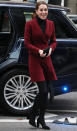 <p>For an unannounced trip to UCL on November 21, the Duchess of Cambridge recycled a Paule Ka skirt suit which she was first spotted wearing back in 2012. She finished the berry-hued ensemble with a black turtleneck, £335 Tod’s suede block heels (which have since sold out), £5,000 Asprey Oak Leaf earrings and her go-to Mulberry clutch. <em>[Photo: Getty]</em> </p>