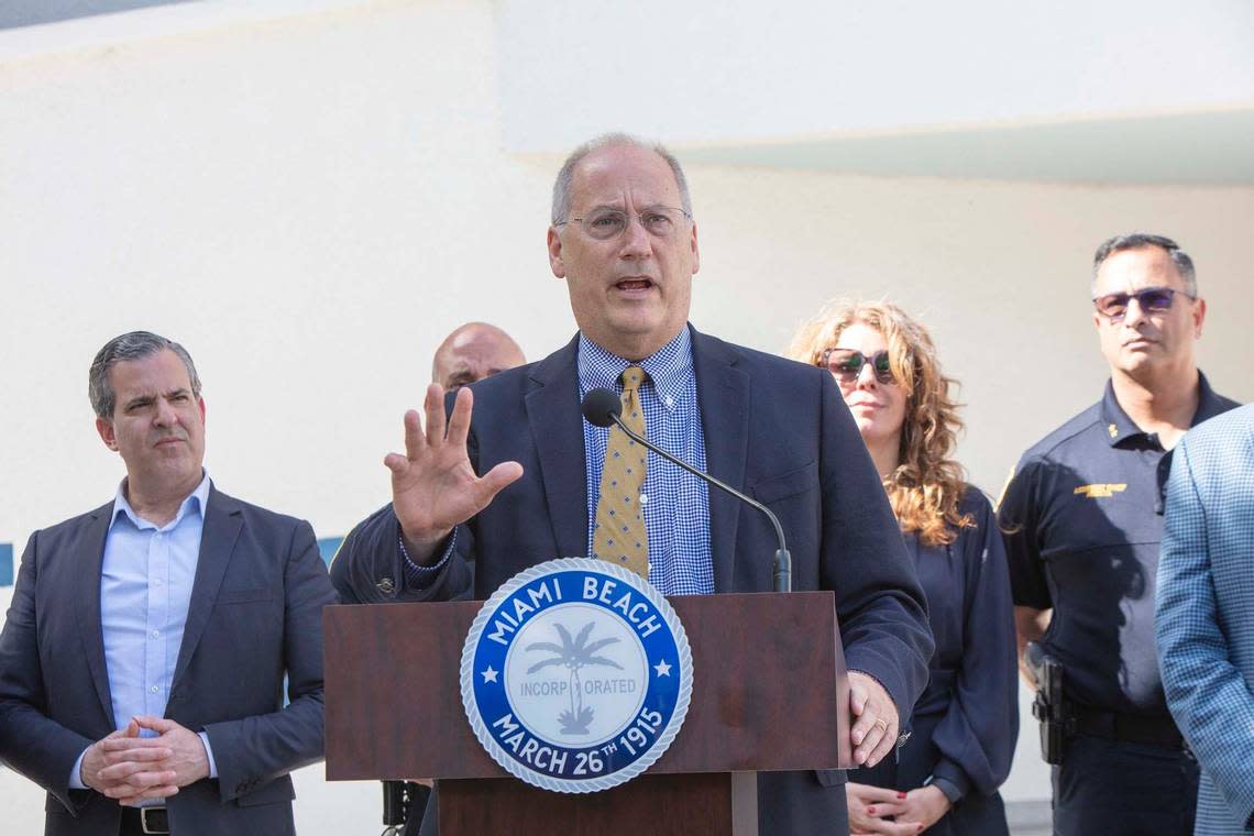 Miami Beach Mayor Dan Gelber announces a state of emergency during spring break outside Miami Beach City Hall on March 21, 2022.