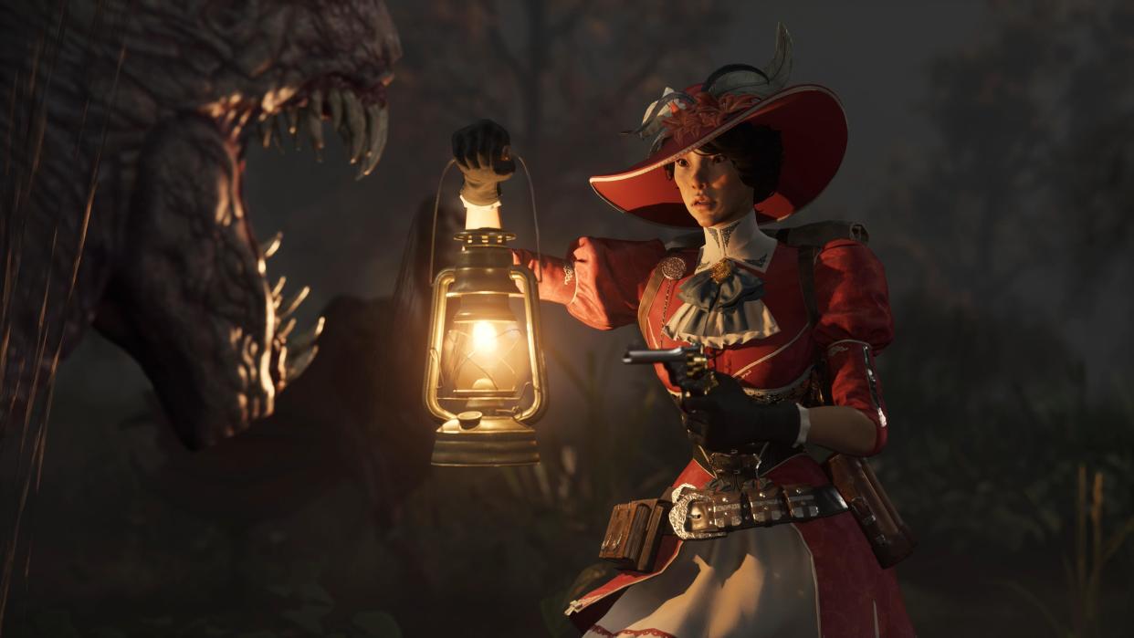  Nightingale - A player wearing a pink brimmed hat and dress holds a gas lantern and points a revolver at a monster with lots of teeth. 