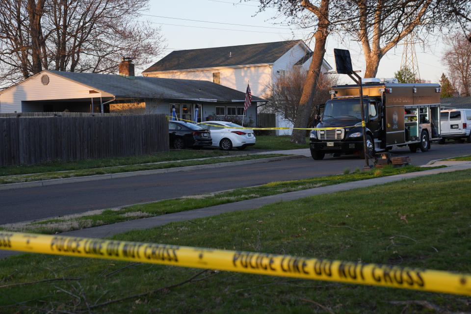 An investigation continues at the scene of a fatal shooting in Levittown, Pa., Saturday, March 16, 2024. Police say a man suspected of killing multiple family members in the Philadelphia area has been arrested in New Jersey. (AP Photo/Matt Rourke)