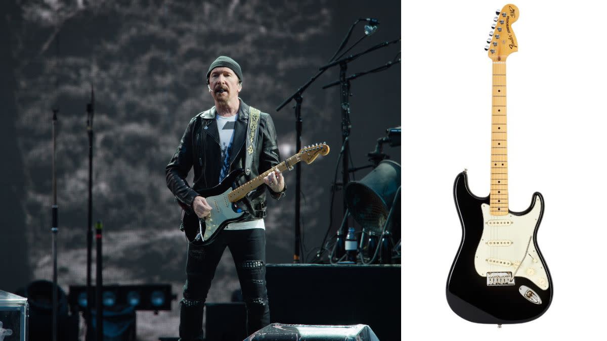  Left - The Edge from U2 perform at Stade de France on July 26, 2017 in Paris, France; Right - A Fender The Edge Stratocaster electric guitar. 