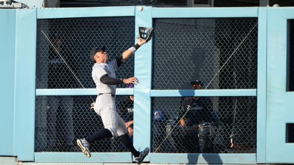 Jun 3, 2023; Los Angeles, California, USA; New York Yankees right fielder Aaron Judge (99) catches a fly ball by Los Angeles Dodgers designated hitter J.D. Martinez (28) in the eighth inning at Dodger Stadium.